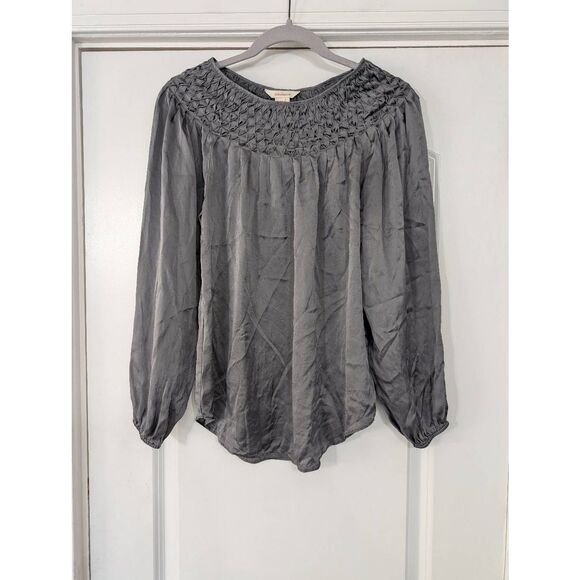 Sundance Silk‎ Blouse Top women's XS silver smocked long sleeve - Picture 1 of 6